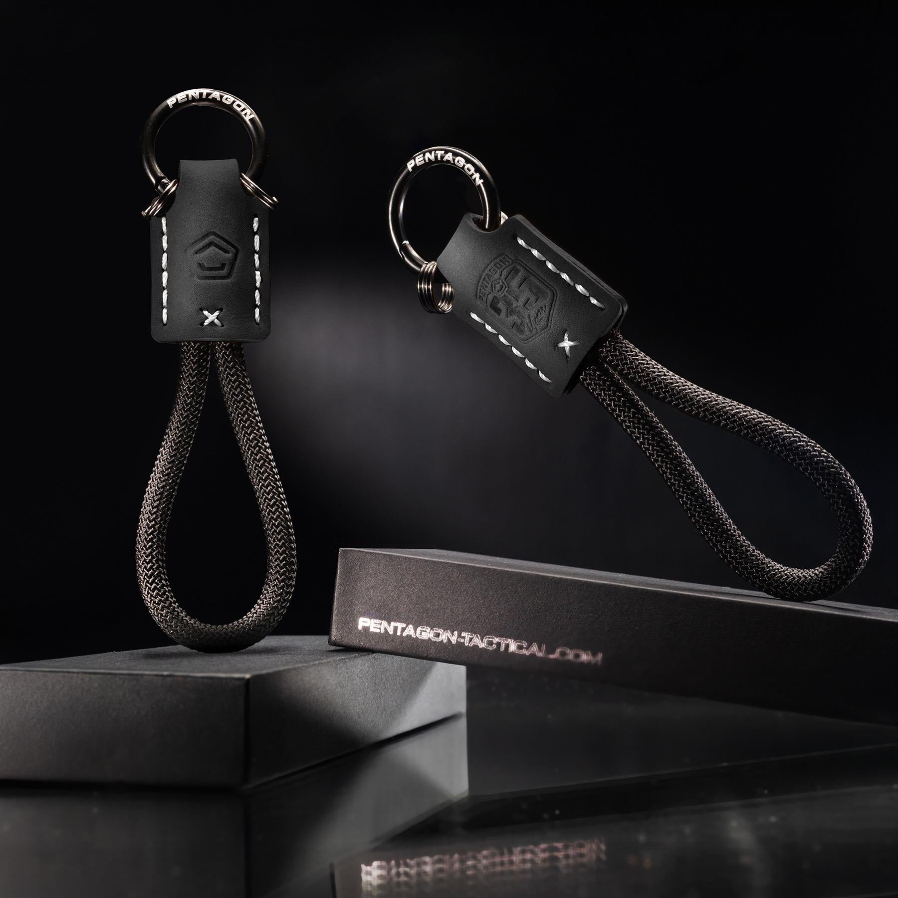 Porte-clés EDC Pentagon Apiron en cuir pleine fleur avec anneau métal et boucle cordage
