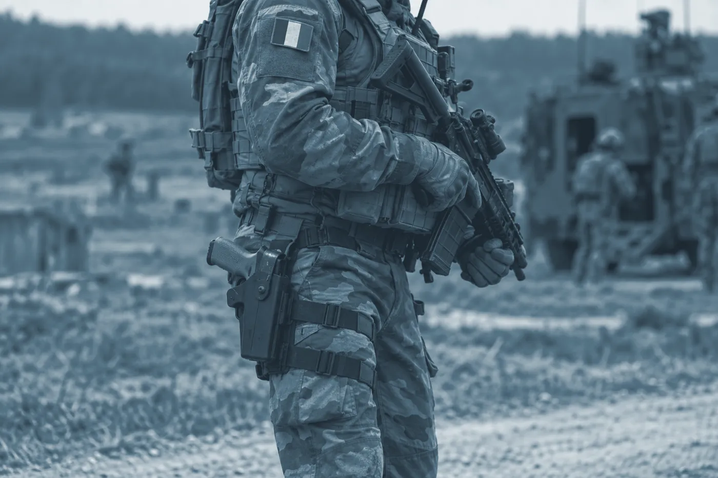 Soldat de l'armée de Terre, Glock 17 FR à carcasse coyote dans un holster de cuisse