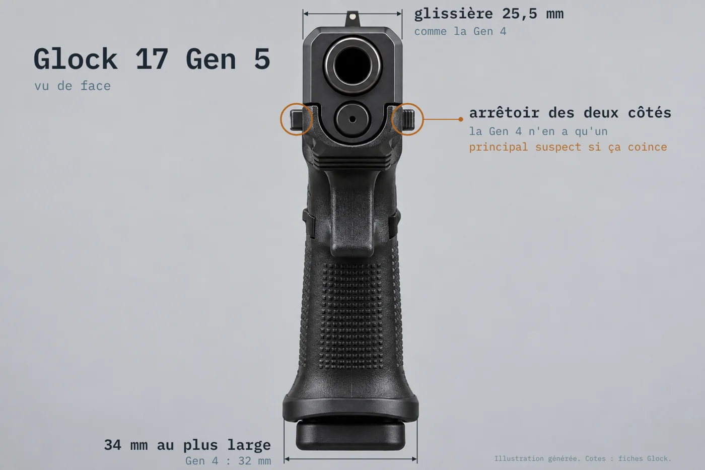 Glock 17 Gen 5 vu de face : glissière de 25,5 mm comme la Gen 4, arrêtoir de culasse des deux côtés, 34 mm au plus large au bas de la poignée (32 mm en Gen 4)